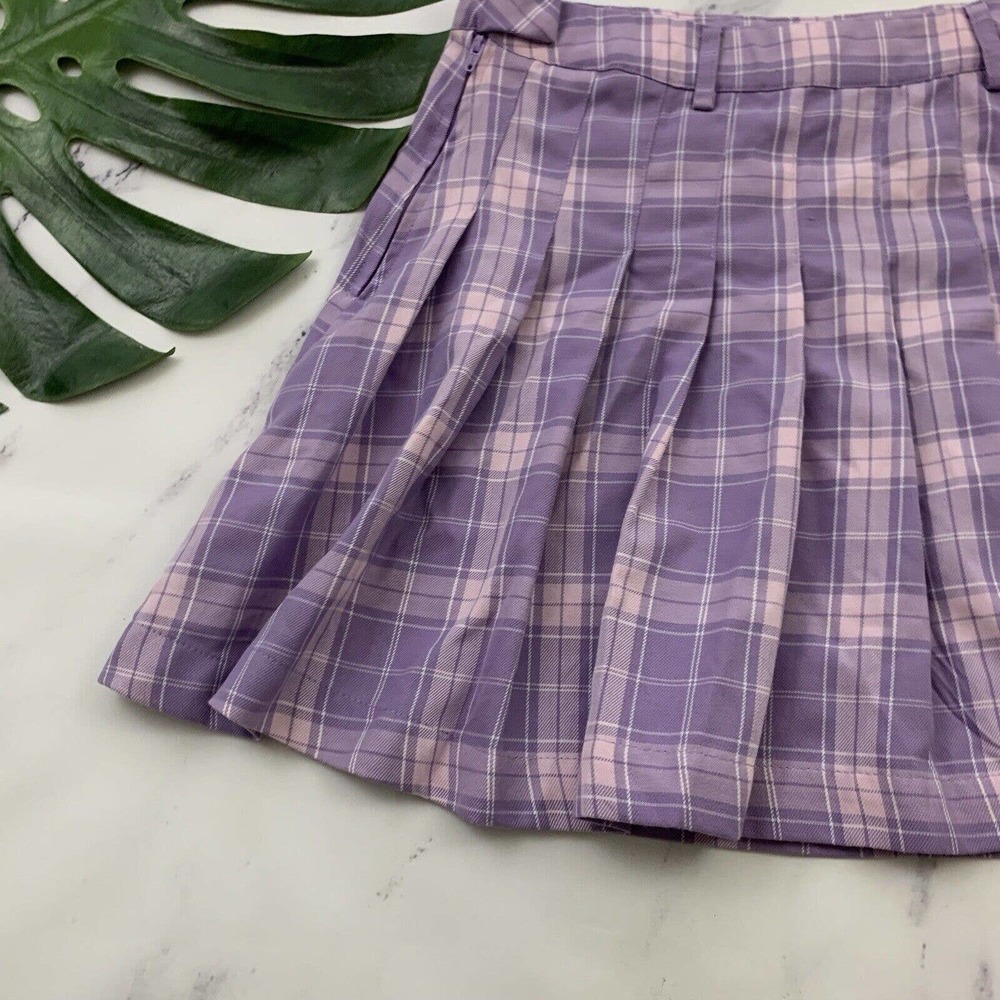 Hot Topic Plaid Mini Skirt Size S Purple Pink Pleated Retro Clueless Short - Picture 9 of 9